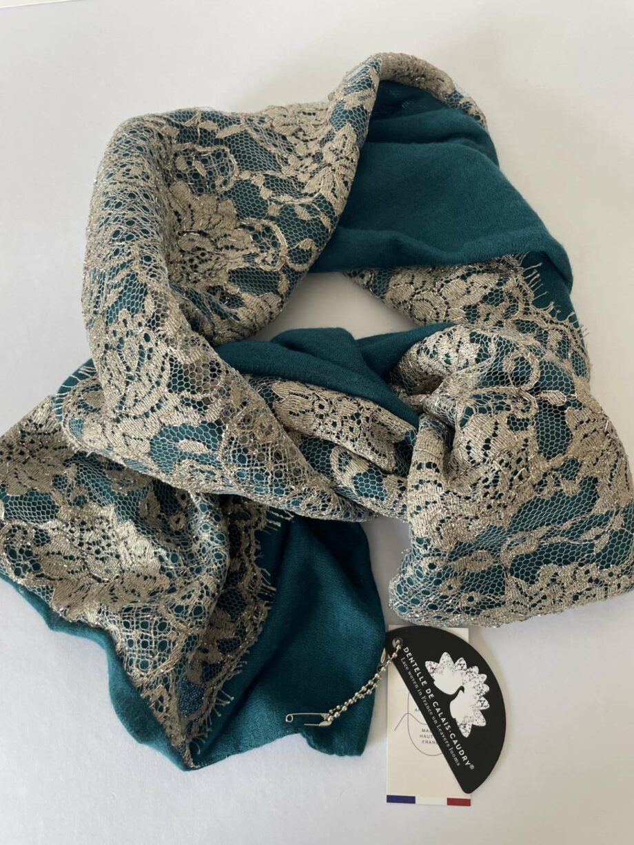 Écharpe en laine et dentelle de Calais-Caudry® - émeraude/or
