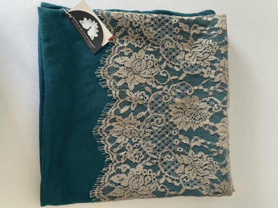 Écharpe en laine et dentelle de Calais-Caudry® - émeraude/or