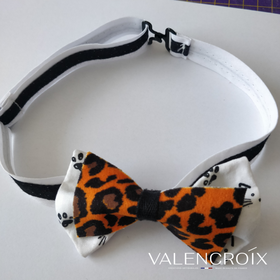 Nœud papillon adulte imprimé chat - cuir léopard orange