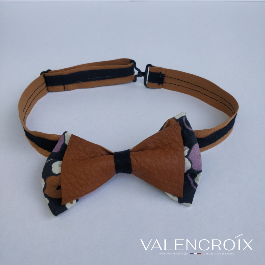 Nœud papillon adulte imprimé fleurs - cuir marron_