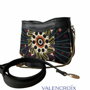 Sac Éva revisité par Valencroix en simili nautique noir et tissu jacquard Casal aux motifs seventies – création artisanale française faite main à Valenciennes.