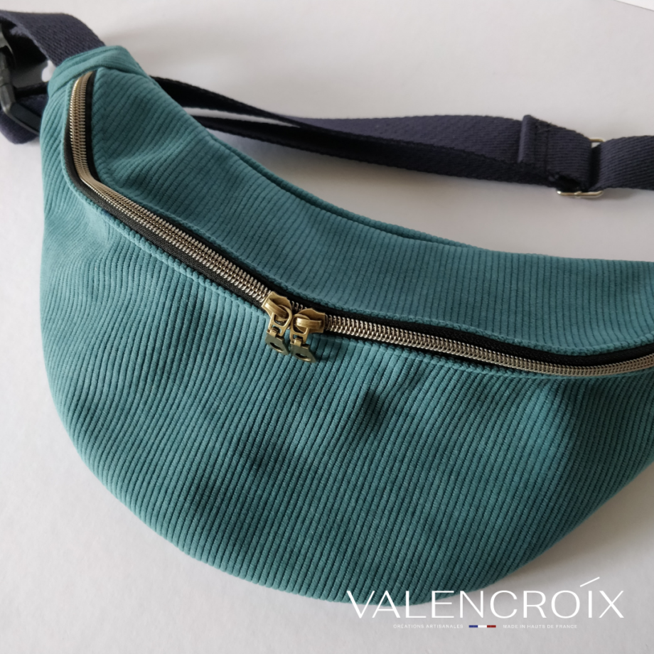 Sac banane velours côtelé bleu canard