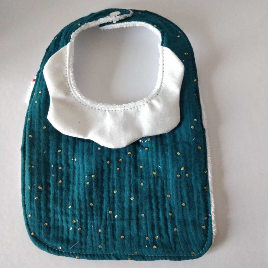 Bavoir avec collerette - double gaze bleu canard