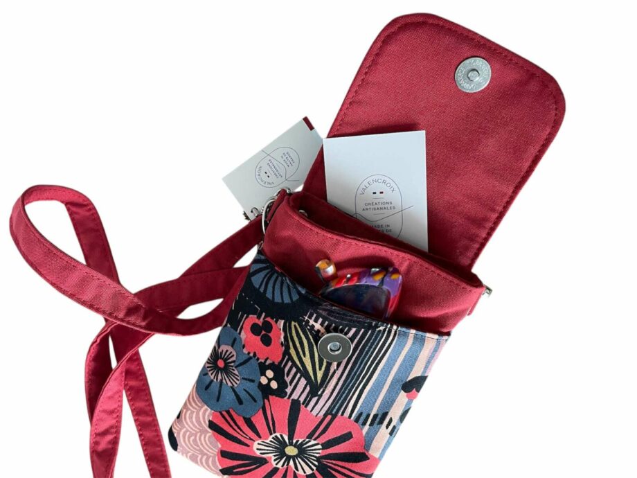 Pochette téléphone Sieven Tissu floral § nubuck noir