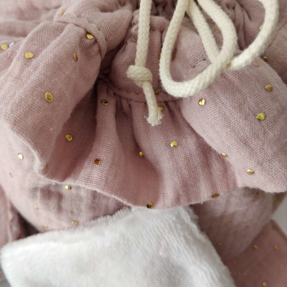 Pochon et ses 8 lingettes Tutti frutti gaze de coton - rose poudré