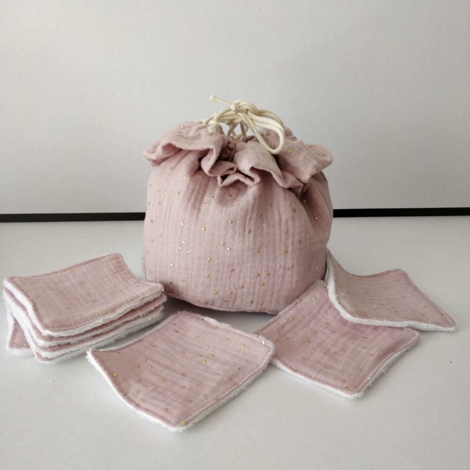 Pochon et ses 8 lingettes Tutti frutti gaze de coton - rose poudré