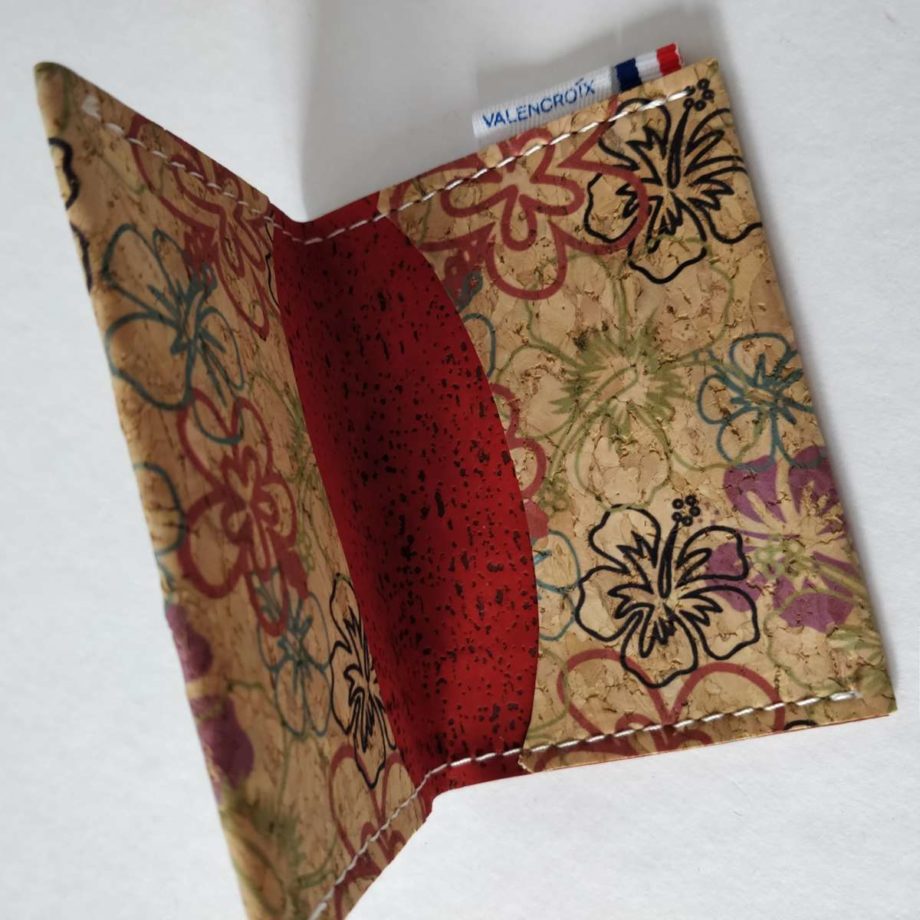Porte-cartes - liège imprimé fleurs/rouge