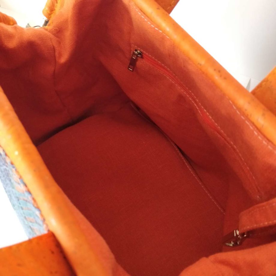 Sac "Mary Poppins" bleu sur fond  orange - dentelle Calais Caudry