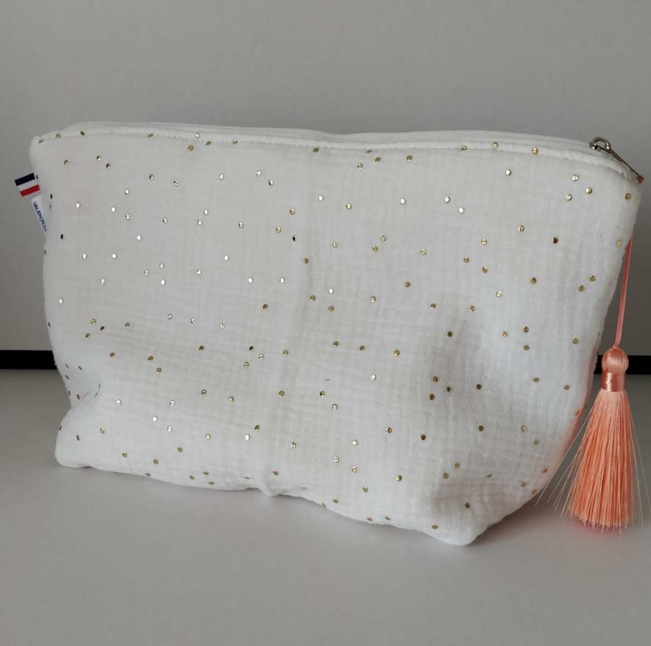 Trousse bambou/gaze de coton - pompon rose orangé