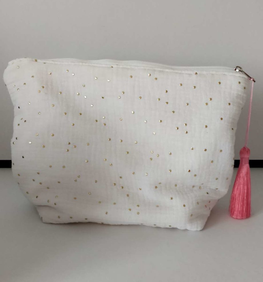 Trousse bambou/gaze de coton - pompon rose foncé