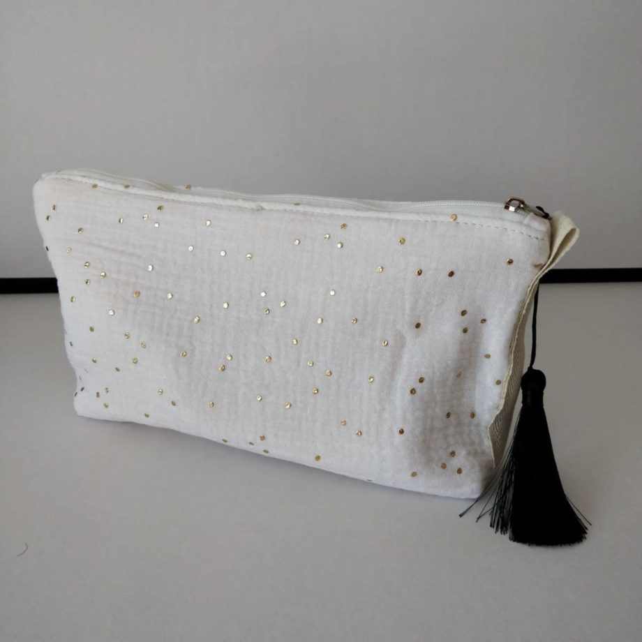 Trousse bambou/gaze de coton - pompon noir
