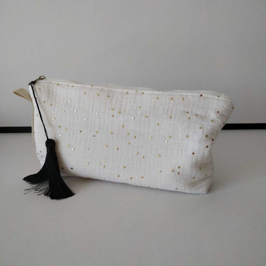 Trousse bambou/gaze de coton - pompon noir